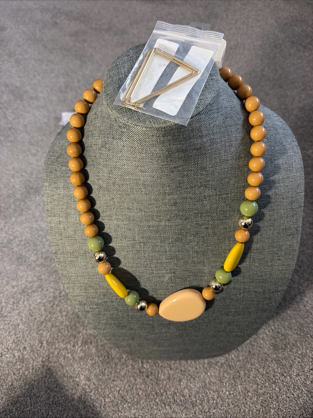Contemporary Multicolor Beaded Necklace in Tan, Yellow, and Green
